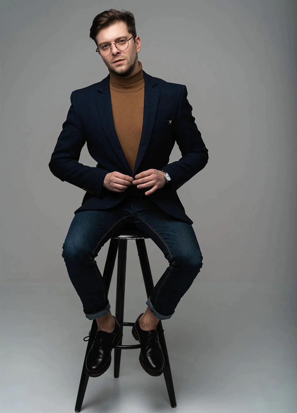 Men Dark Blue Slim Fit Solid Single Breasted  Blazer